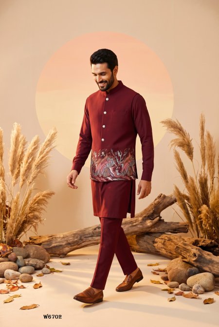 Marron Outluk Wedding Vol 67 Soft Silk Modi Jacket Kurta Pajama W6702